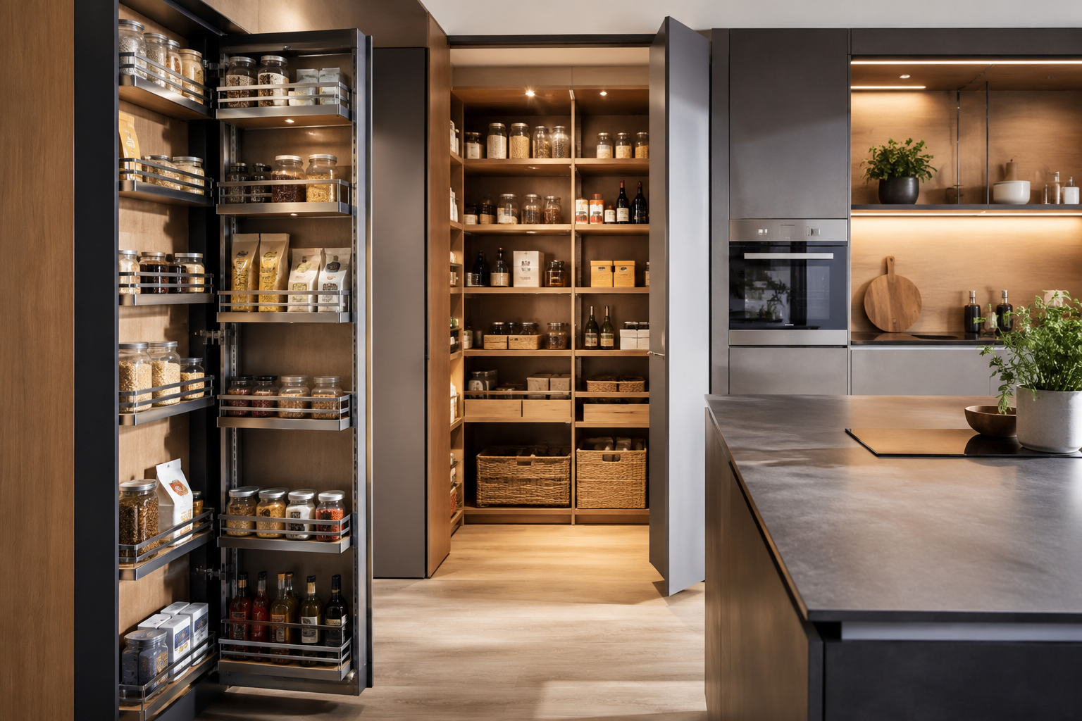 Garde-manger à la française intégré dans une cuisine sur mesure Cuisine sur mesure avec garde-manger intégré, colonne épicerie coulissante et rangements optimisés