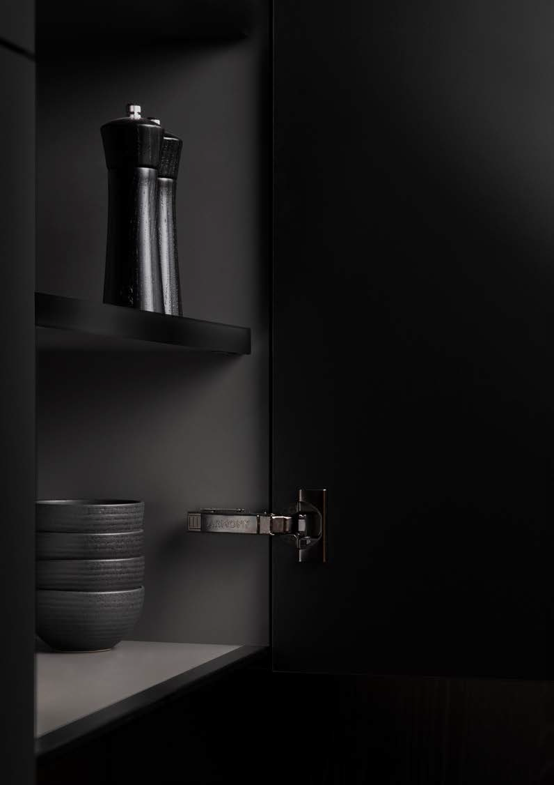 Int&eacute;rieur d'un meuble de couleur noire avec charni&egrave;re install&eacute;e dans la partie basse